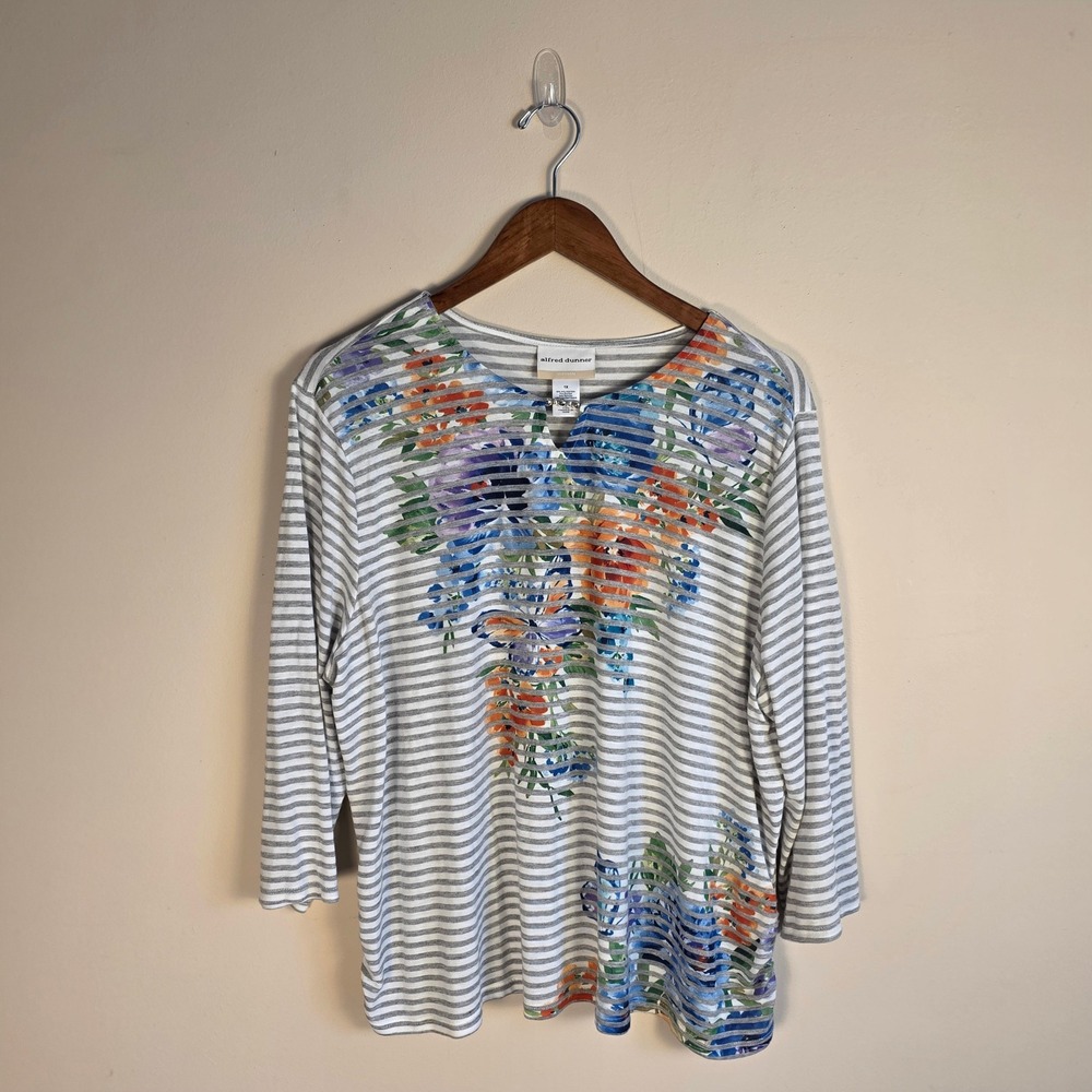 Alfred Dunner Top Womens 1X Multi Color Striped Floral Butterfly Beaded Ruched